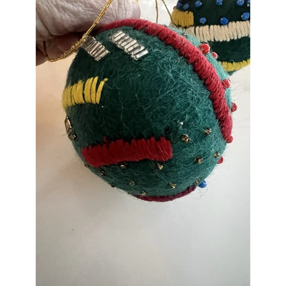 West Elm Teal Embroidered Beaded Felt ball ornament Christmas LOT OF 3